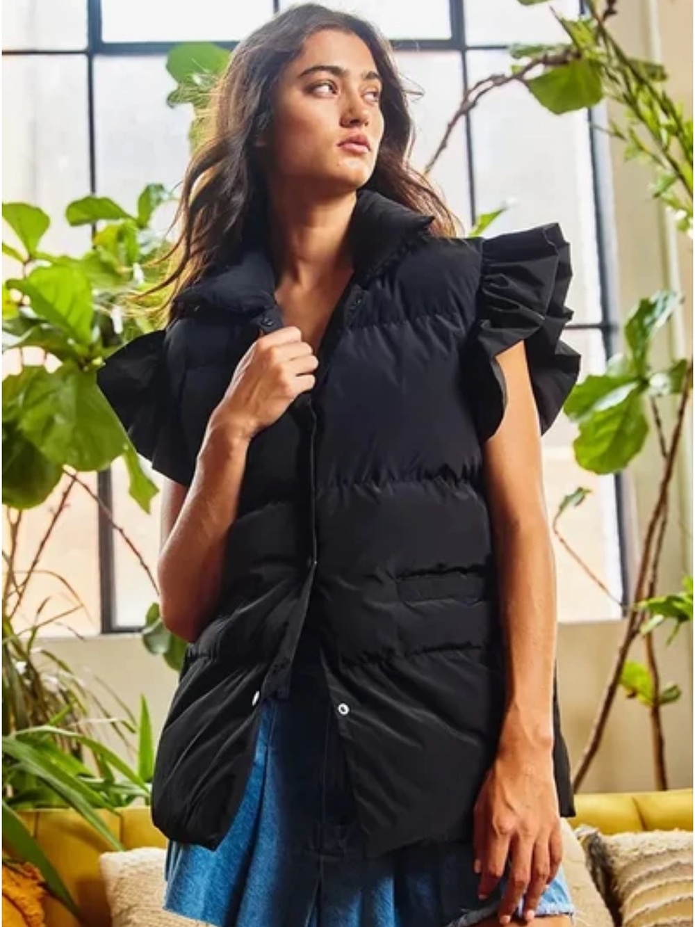 BUCKETLIST Black Ruffle-Sleeve Puffer Vest